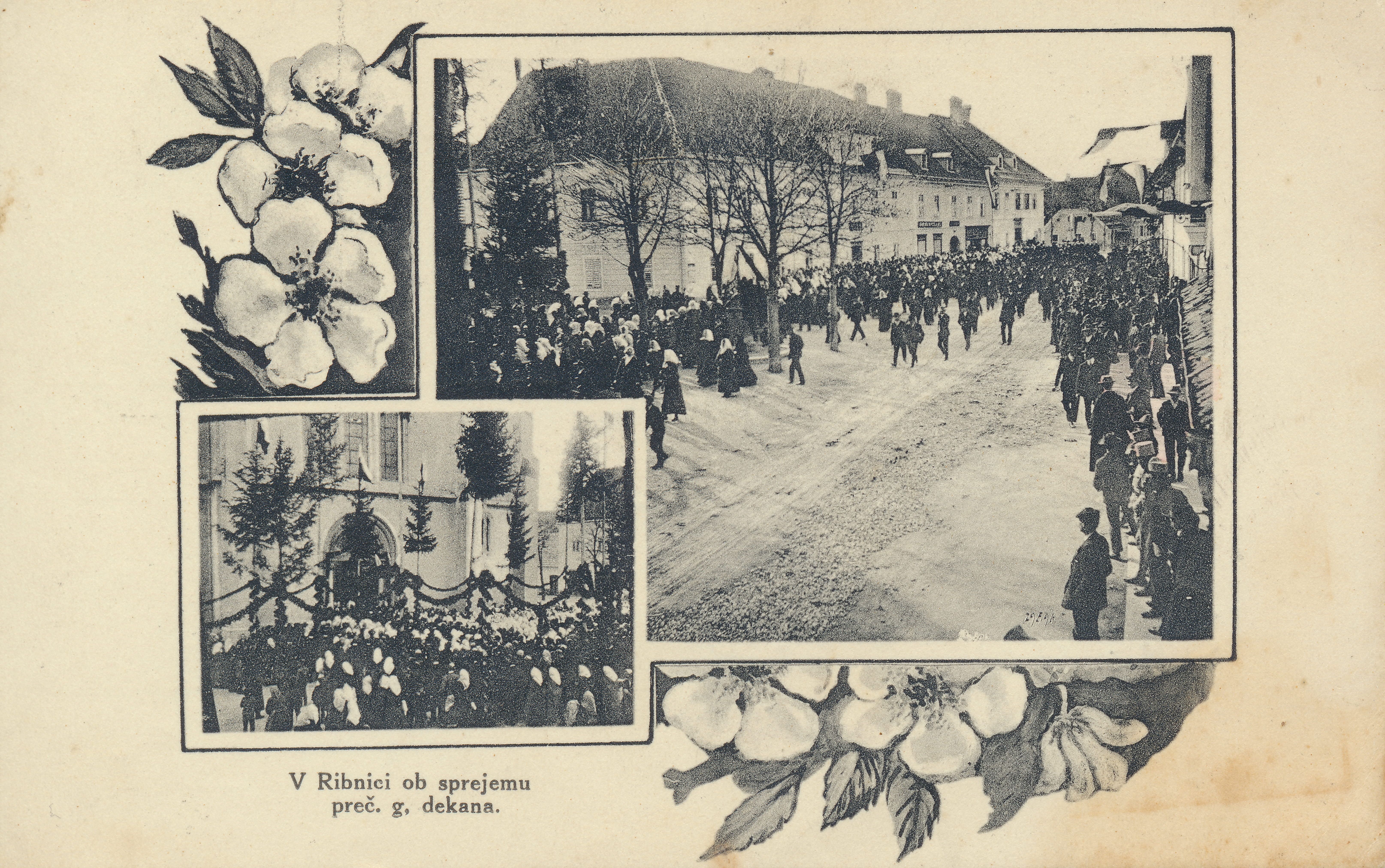 Razglednica izdana v spomin na sprejem dekana v Ribnici (hrani: Muzej Ribnica).